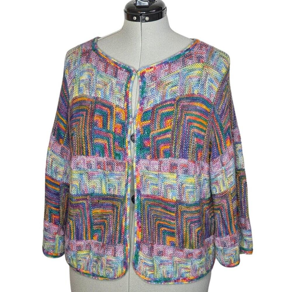 Handmade knit boxy multi-color cardigan with 3/4 sleeves, estimate size large